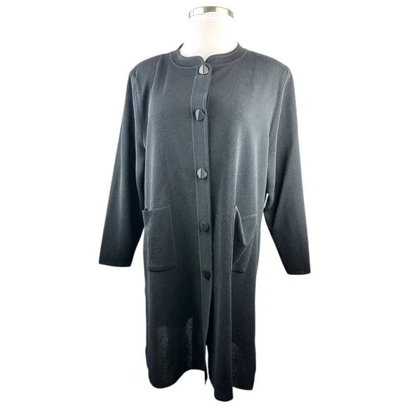 Exclusively Misook Long Ribbed Cardigan Black Duster Pockets Button Plus Size 3X - Picture 2 of 16